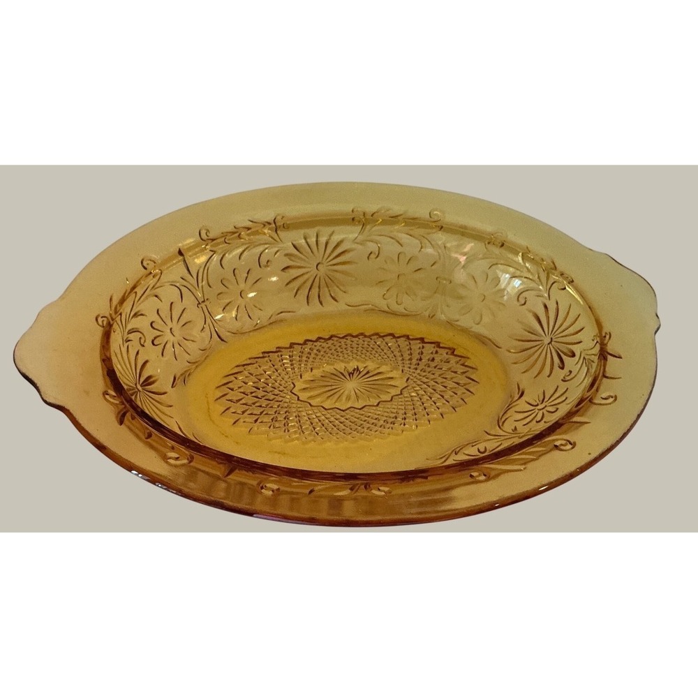 Tiara Vintage Amber  Glass Oval Serving Bowl Floral Pattern Sunburst Gold